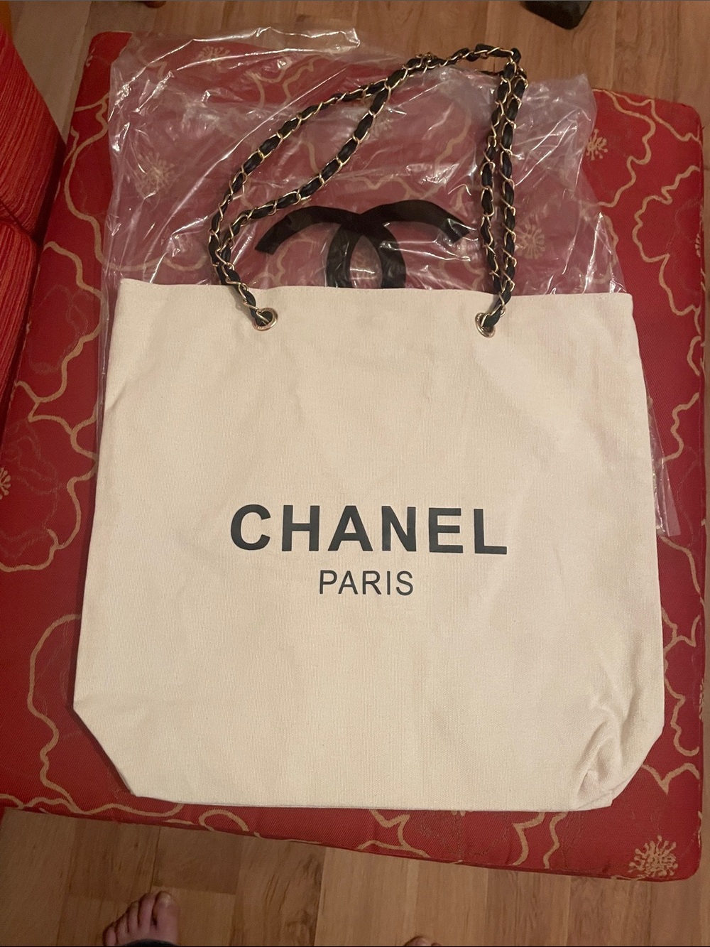 Complimentary Paris Cream Canvas Tote with Black & Gold Chain Handles